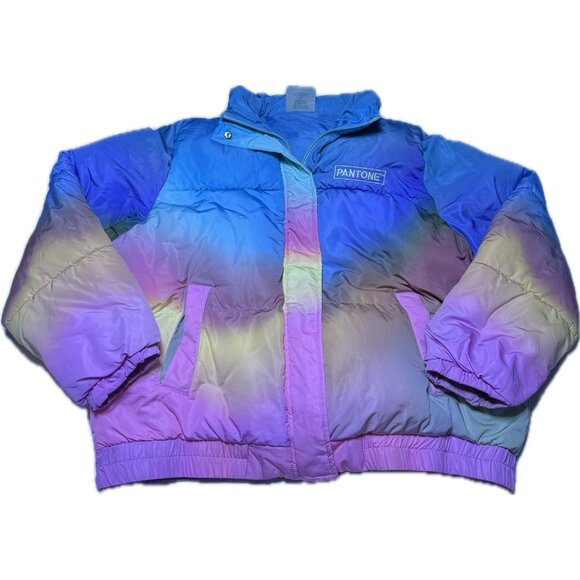 Forever 21 Plus Pantone Womens Puffer Jacket 3XL Tie Die Rainbow Ombre Fade - Picture 1 of 7